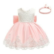 ZHUASHUM flower girl dresses for wedding Clothes Baby Formal\u0026nbsp;Tutu Set Dress+Headband Bowknot\u0026nbsp;Girls Wedding Lace Skirt baby easter clothes for girls Beige,Size:0-3 Months